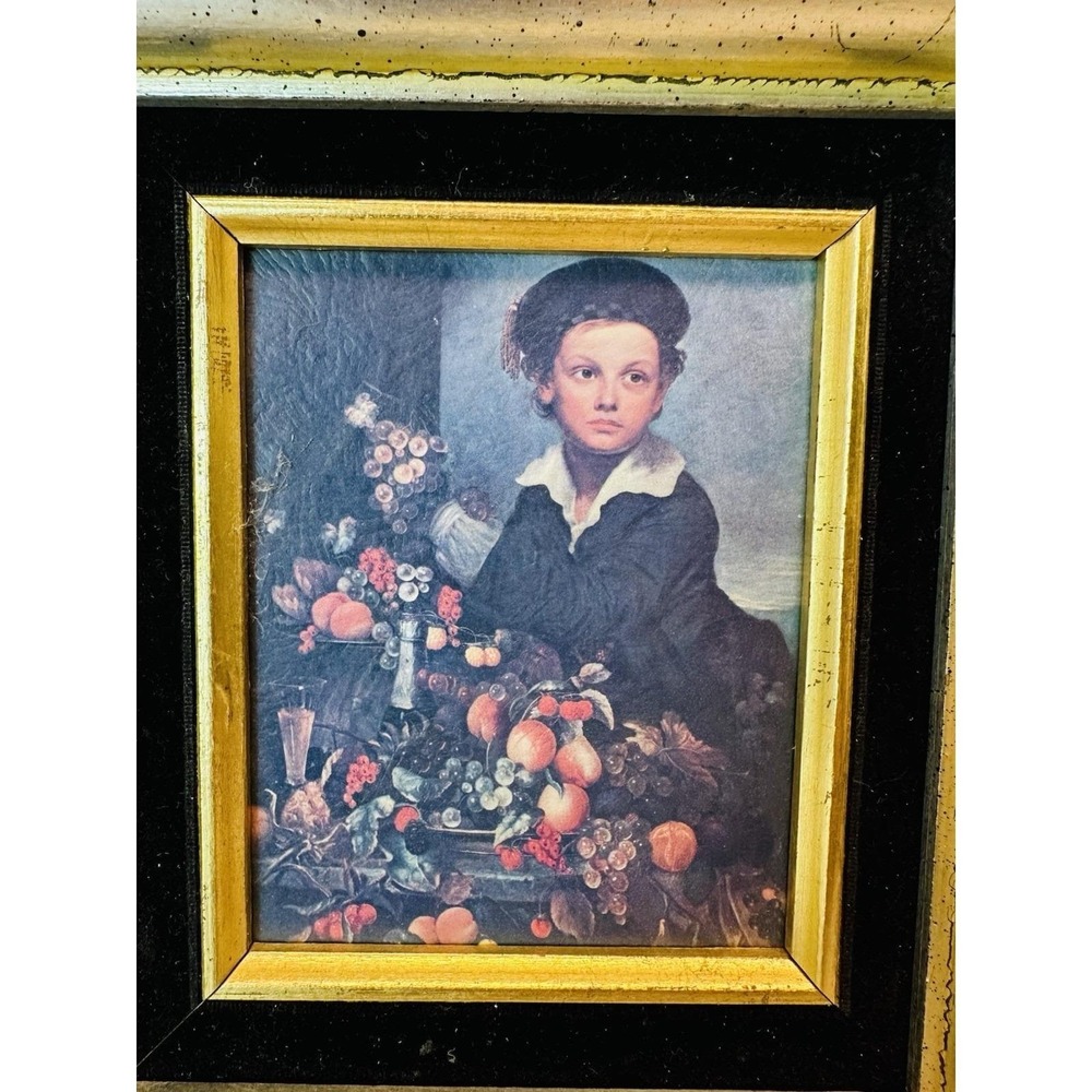 vintage 1970s silver leaf framed 'boy with still life' lithograph 8x7 - Picture 4 of 10